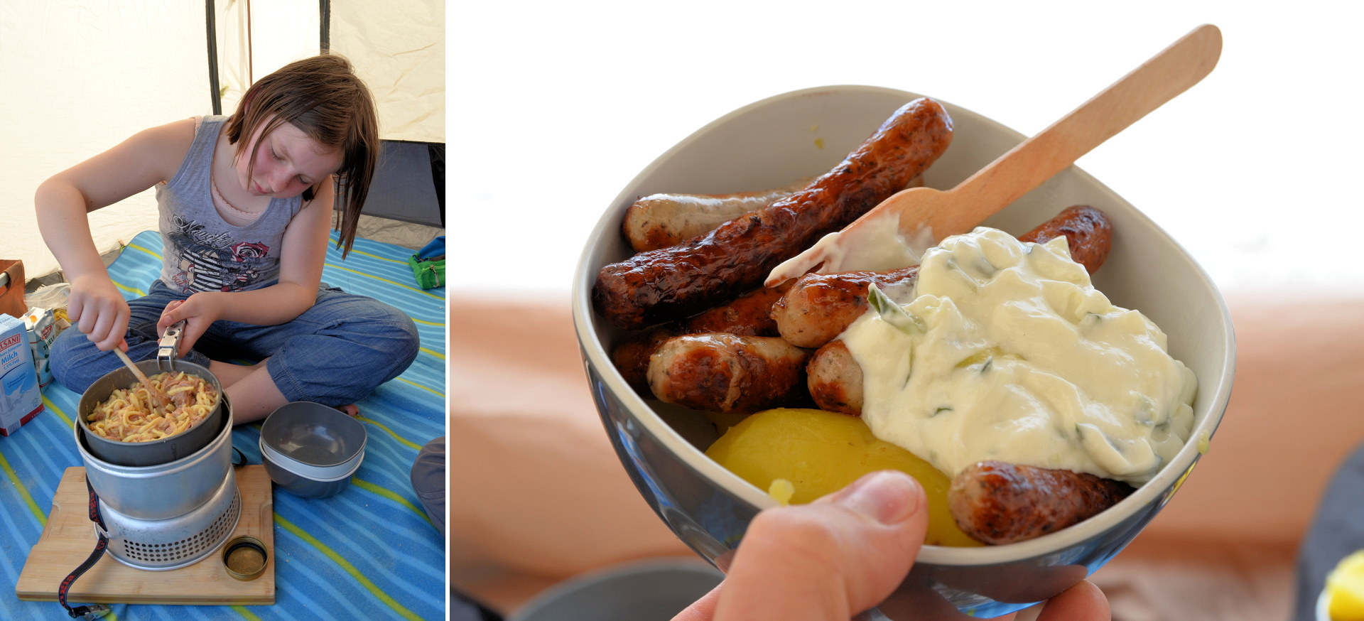 Trangia Kochset im Einsatz und Kartoffeln mit Würstchen, die damit gekocht wurden.