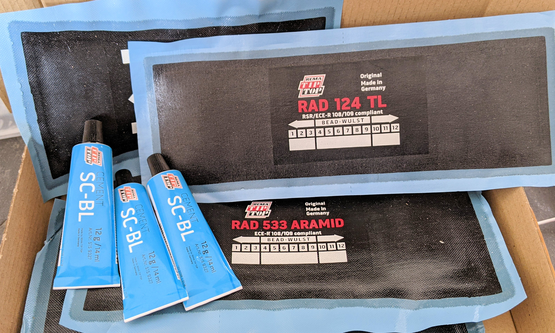 RAD 124 TL Reifenpflaster RAD 533 Aramid Reifenpflaster und SC-BL Gummi Klebstoff