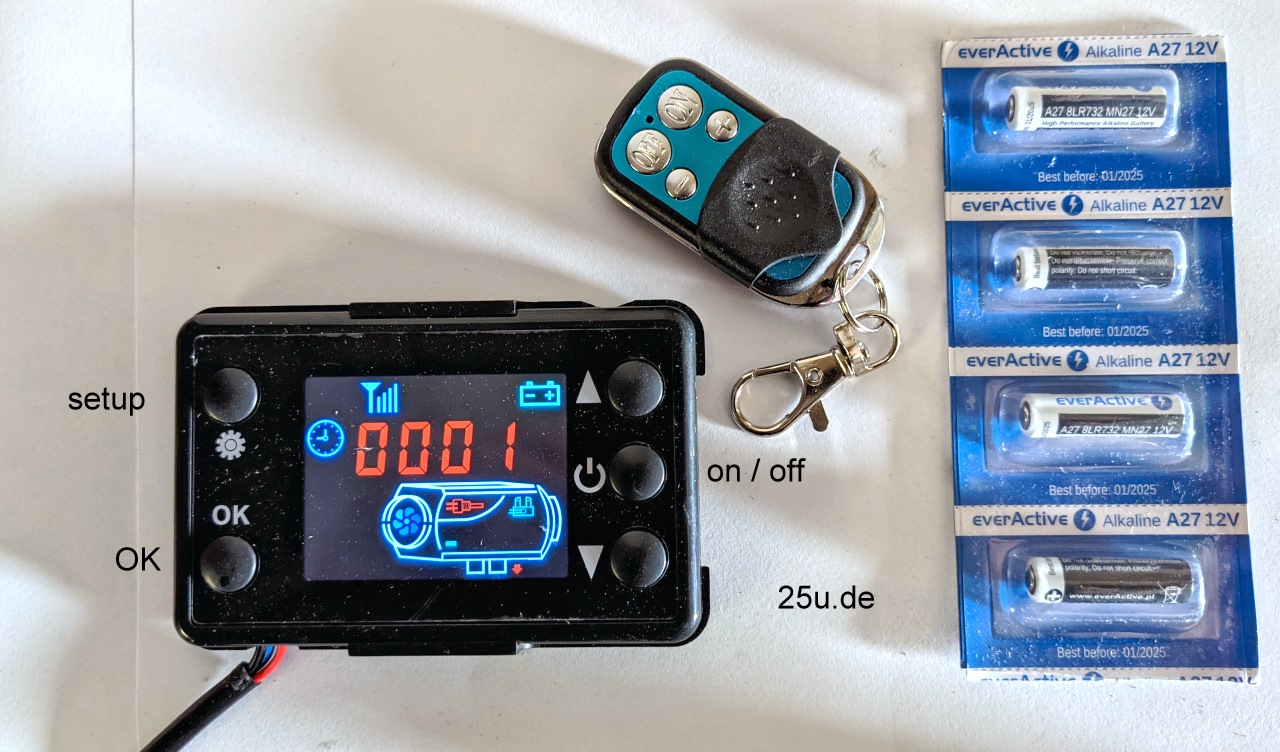 Steuergerät Display einer 2KW China Diesel Heizung mit Batterien und Fernbedienung