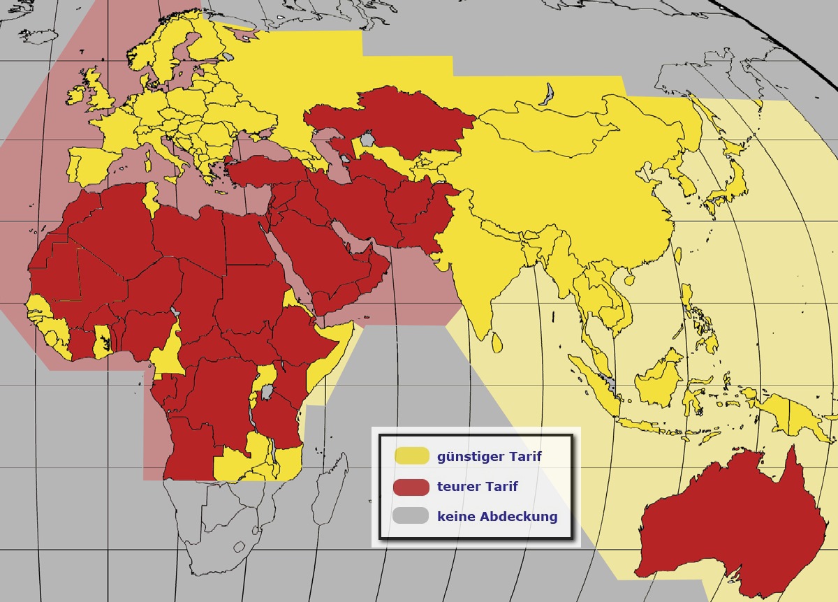 Karte der Netzabdeckung von Thuraya in Europa, Asien und Afrika. Erstellt durch Rene Dörr von Expeditionstechnik.de