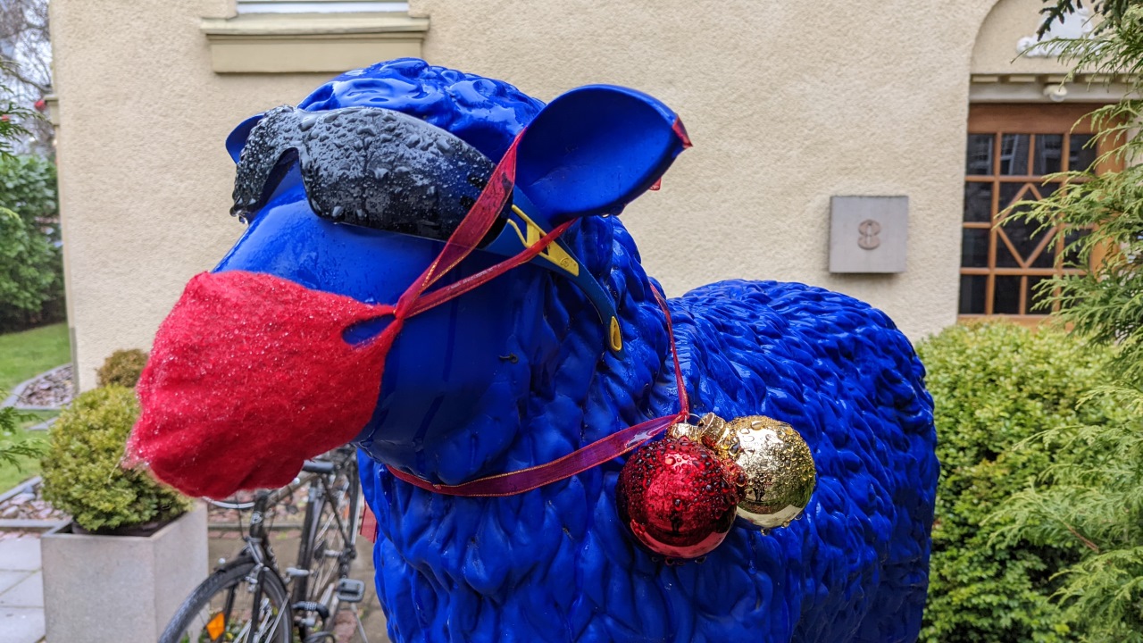Ein blaues Schaf aus Kunststoff, um den Eingang eines Hauses zu schmücken. Das Schaf hat Weihnachtskugeln umgehängt, eine schwarze Sonnenbrille vor den Augen und eine rote Coronamaske vor der Nase. 
