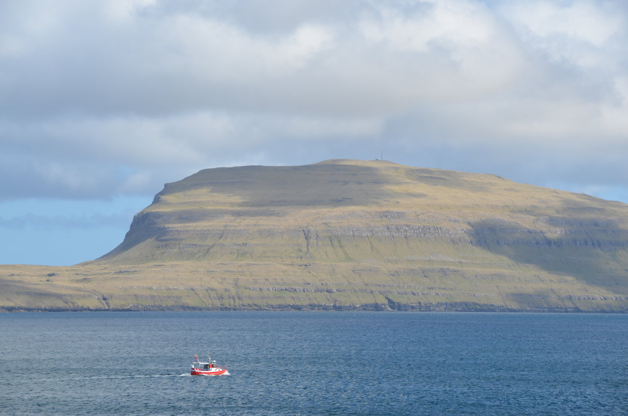 Ein rotes Fischerboot fährt auf dem Meer. Im Hintergrund ist ein grüner grasbewachsener Berg.