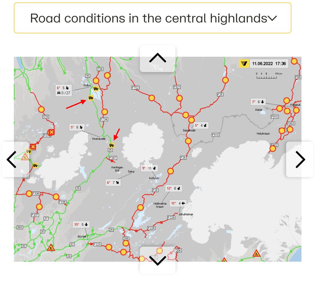 Grafik der isländischen Webseite road.is in der die Strassenzustände eingezeichnet sind. Gesperrte Strassen sind rot, befahrbare Strassen sind grün. 