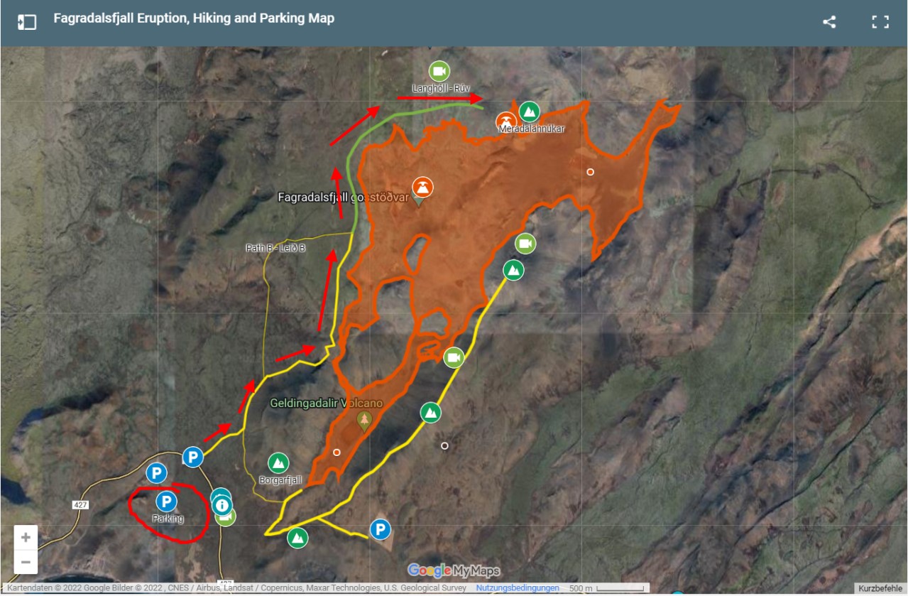 Karte mit eingezeichnetem Wanderweg zum Vulkanausbruch Fagradalsfjall vom August 2022