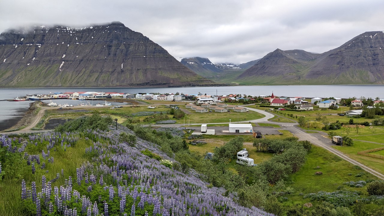 Flateyri Fjord in Island mit einem kleinen Campingplatz im Vordergrund. 
