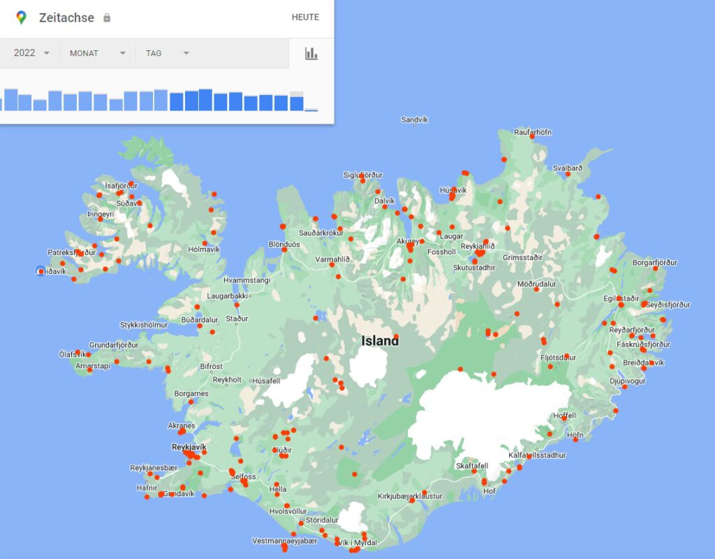 Karte von Island mit rot markierten besuchten Orten