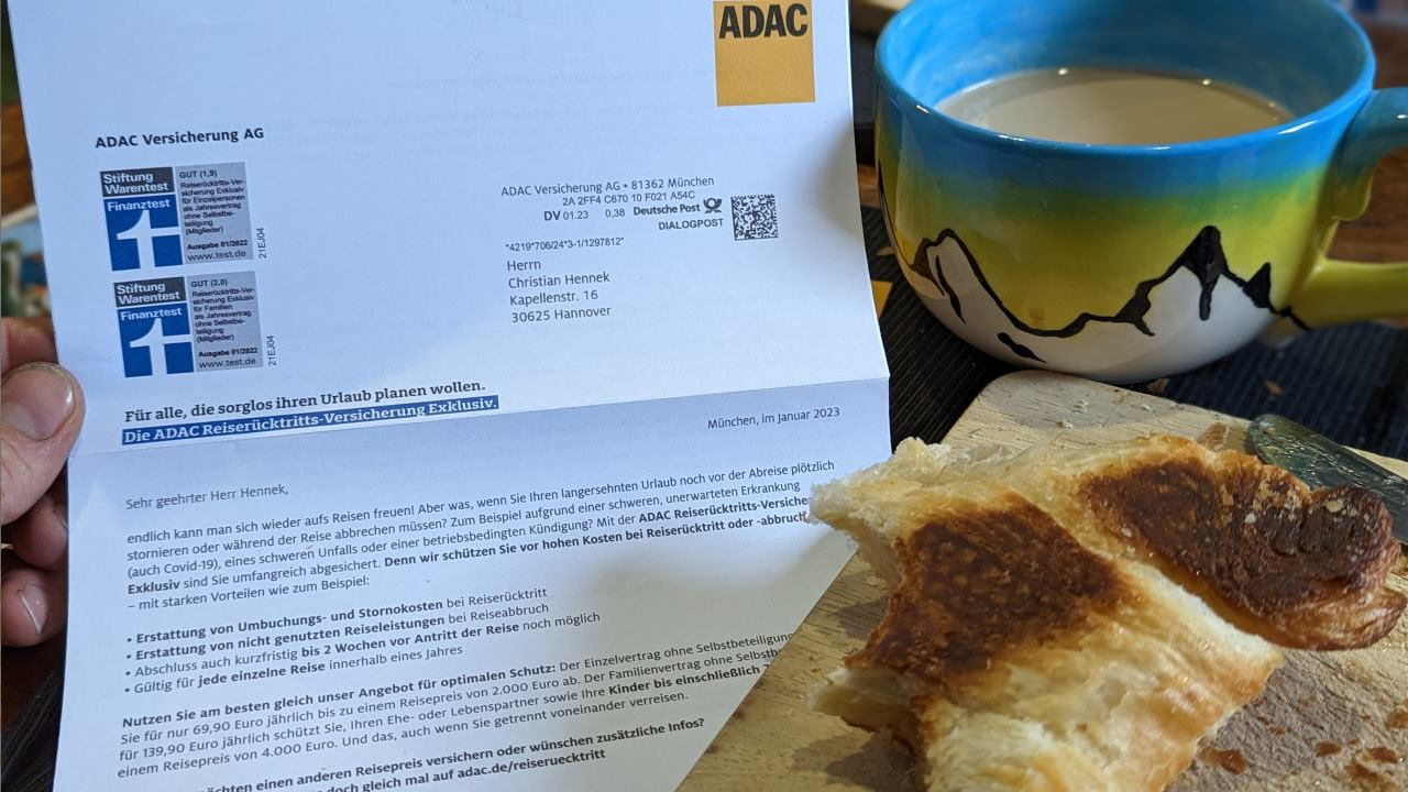 Brief vom ADAC der über eine Reiserücktrittsversicherung informiert