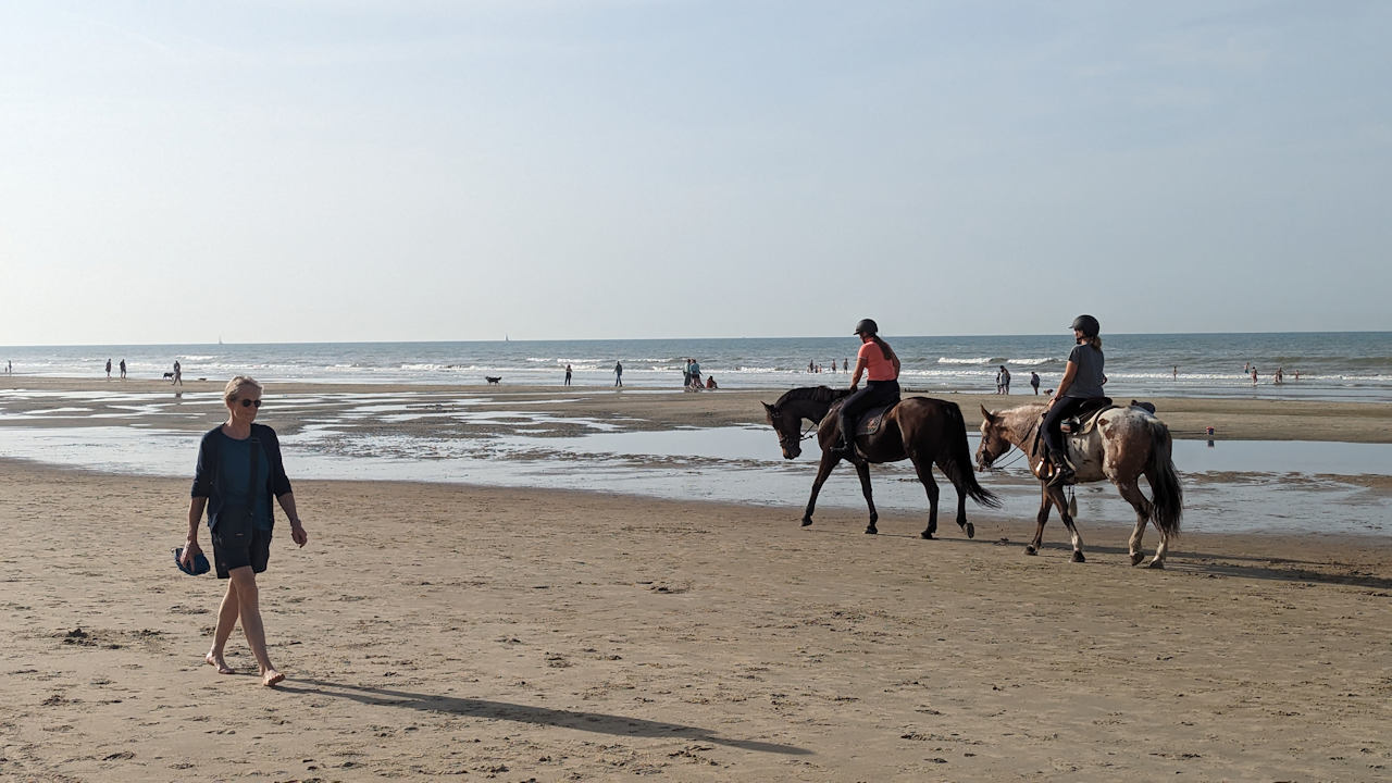 Zwei Reifer auf Pferden am Strand von De Haan Belgien 