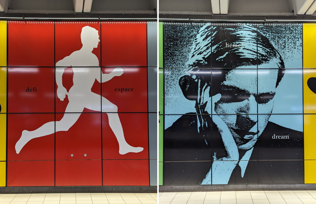 Laufender Mensch und ein Portrait als Wandbild in der Metro Station Heysel  Brüssel