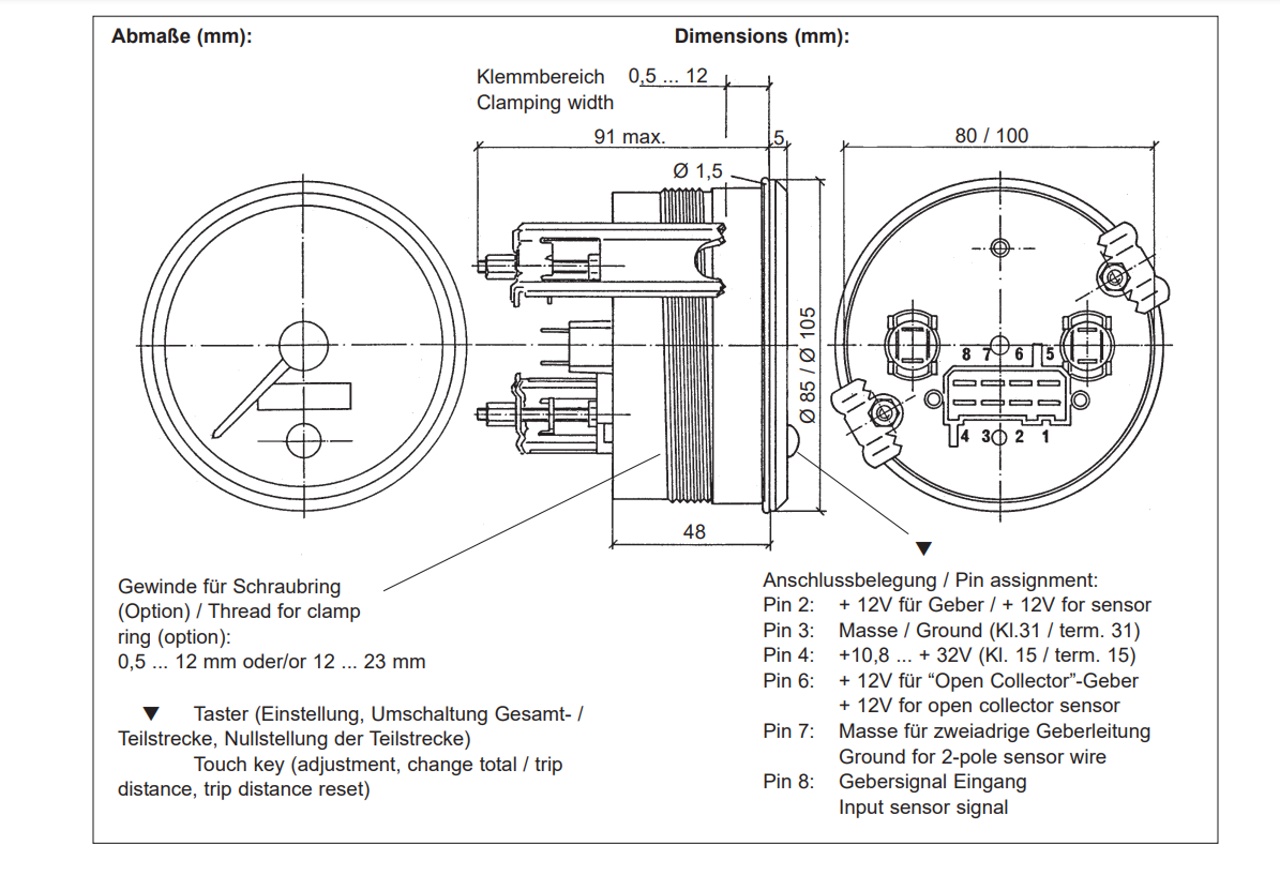 Anschluss Diagramm Zeichnung von einem VDO 437-055 Tacho 