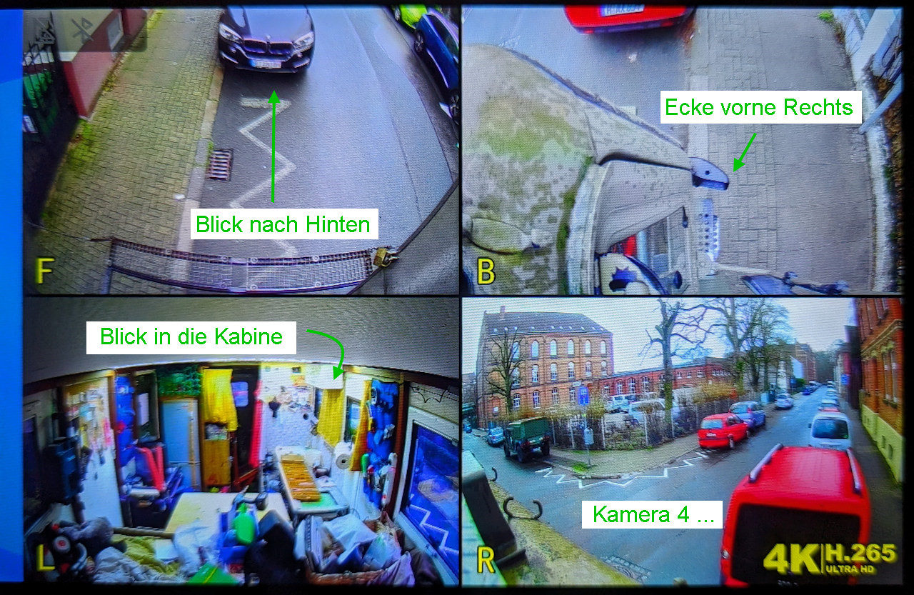 Bildschirmkopie eine Auto Rückfahrkamera mit 4 Bildschirmausschnitten 