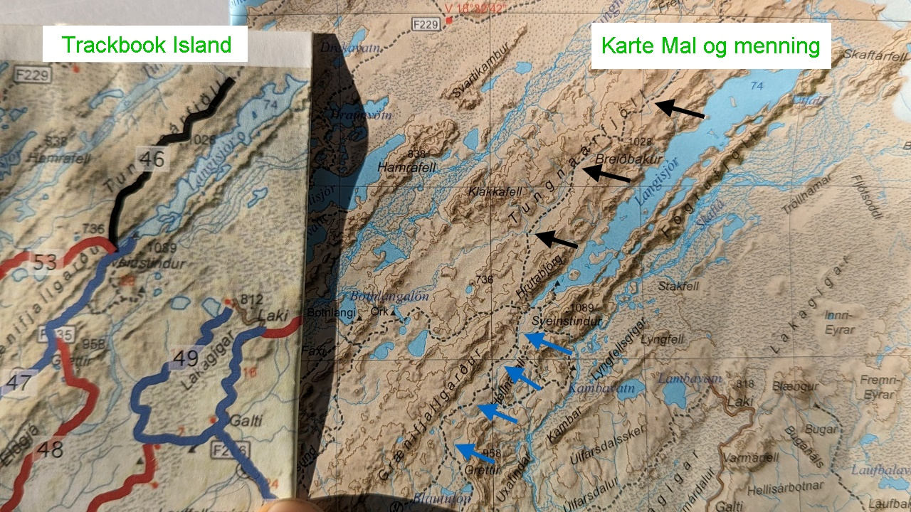 Vergleich zwischen einer Island Trackbook Karte und einer handelsüblichen Island Landkarte