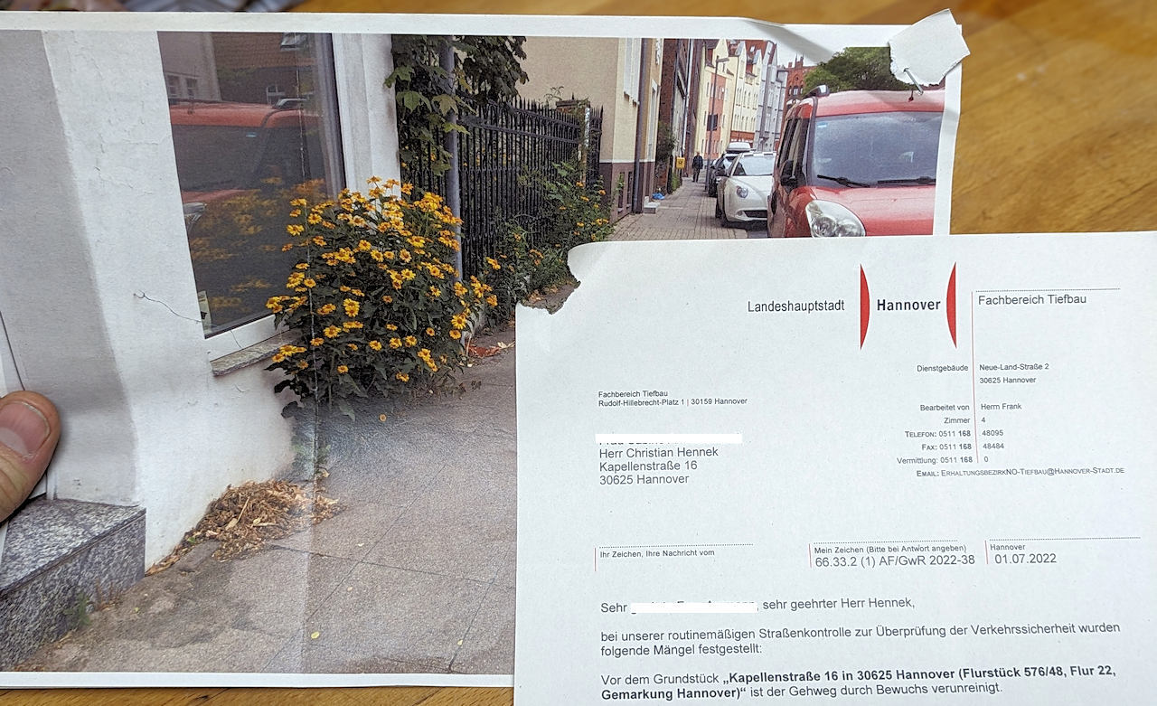 Kopie von einem Brief Tiefbauamt Hannover wegen der angeblichen Verschmutzung vom Gehweg durch Blumen
