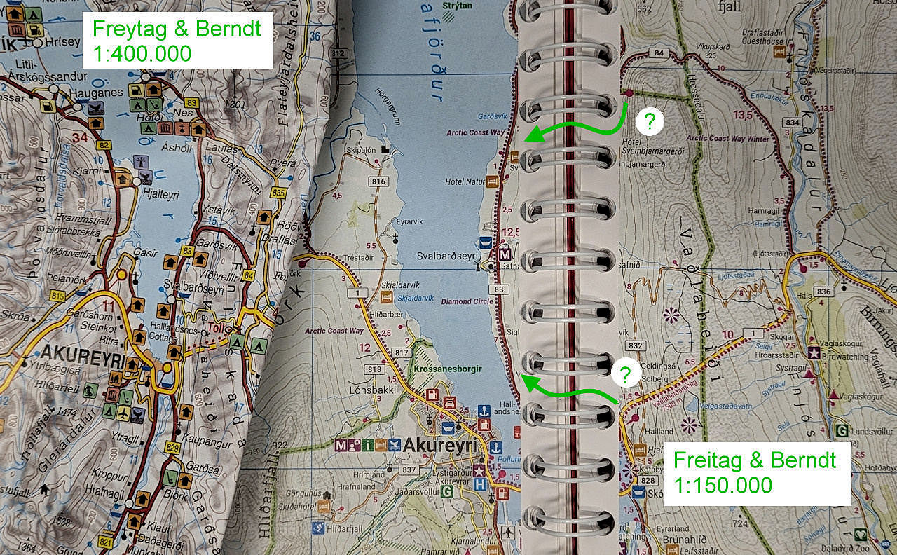 Vergleich zwischen einer Island Karte mit 1:400.000 und 1:150.000 anhand der Stadt Akureyri