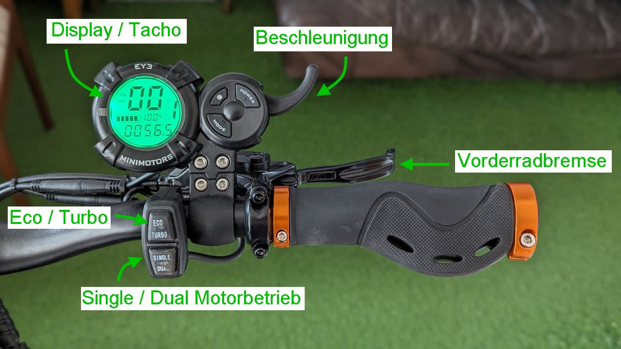 Lenker Rechts vom Driveman 2.0 mit Beschriftung der EY3 Minimotors Bedienelemente