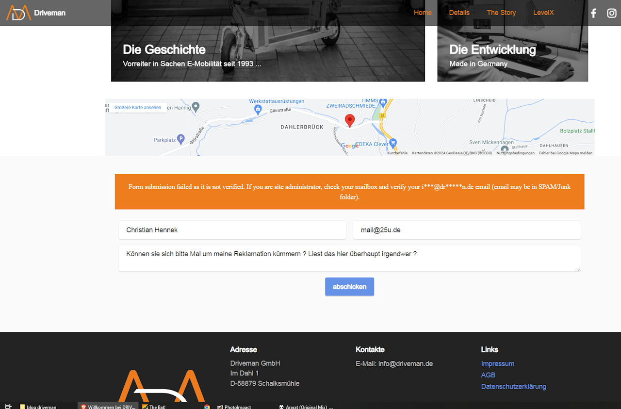 Fehlerhaftes Kontaktformular der Webseite driveman.de 