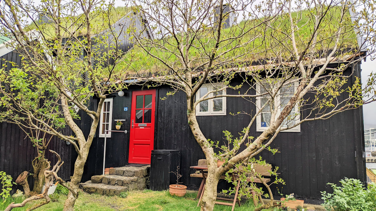 Gemütliches, schwarzes Holzhaus mit roter Eingangstür und grünem Grasdach in Torshavn, Färöer Inseln 