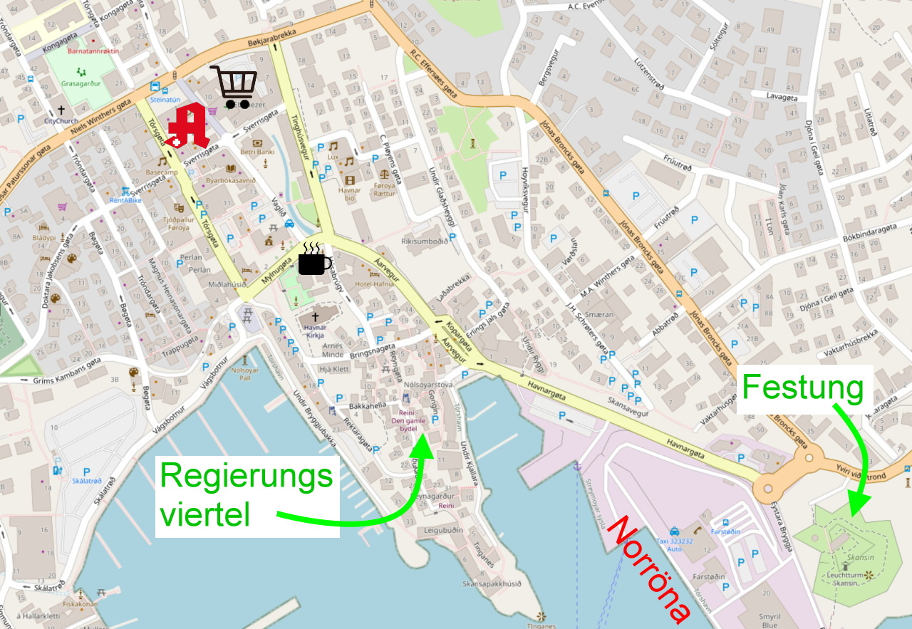Karte von Torshavn Färöer Inseln mit touristischen Zielen in direkter Umgebung der Fähre Norröna