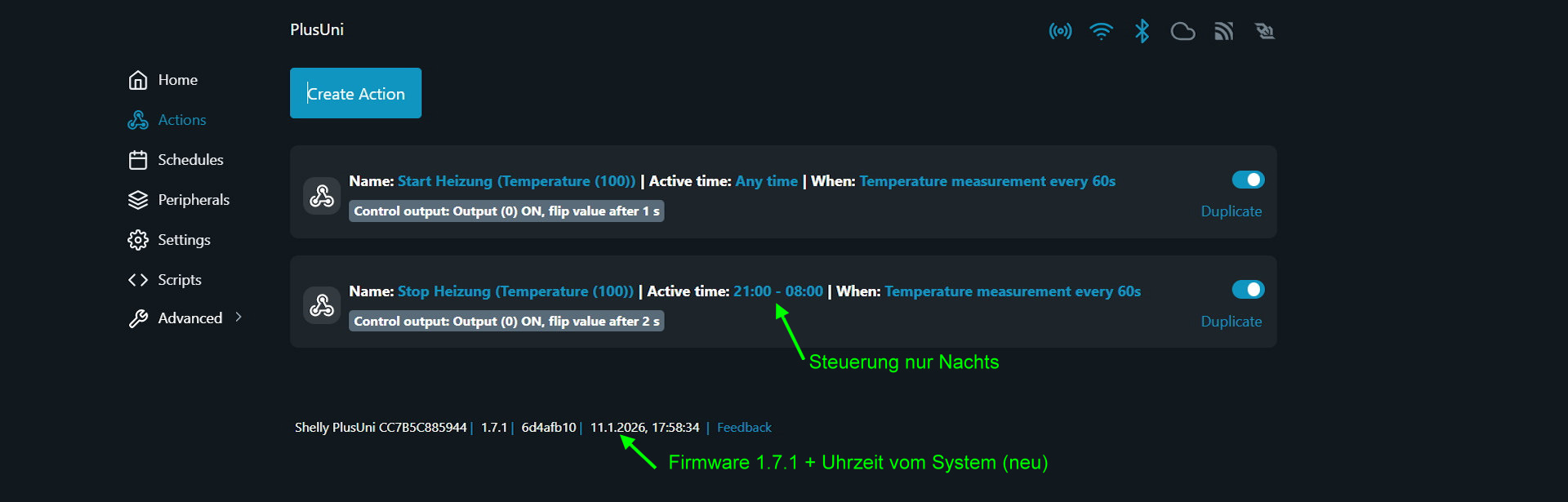 Benutzeroberfläche Shelly plus Uni
