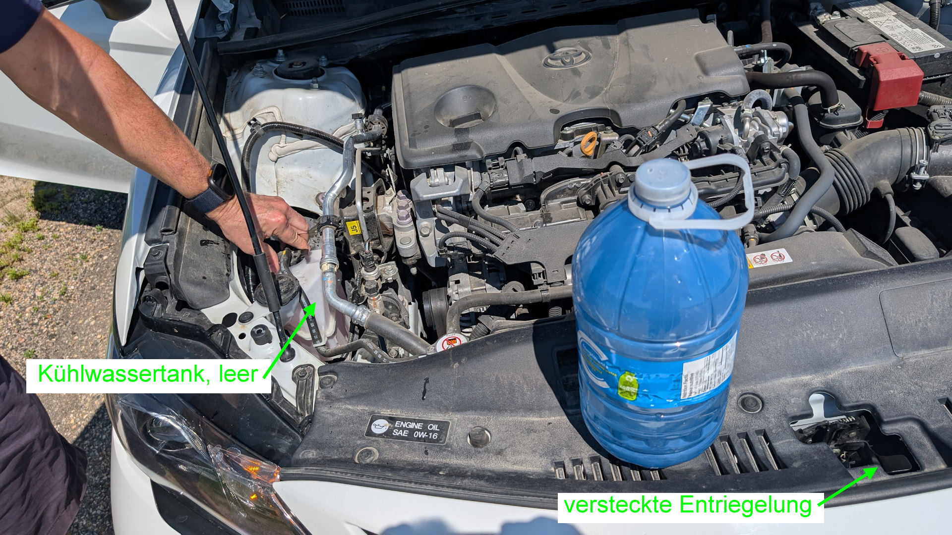 Motorraum Toyota Camry mit Wasserflasche und markierter Entriegelung der Motorhaube