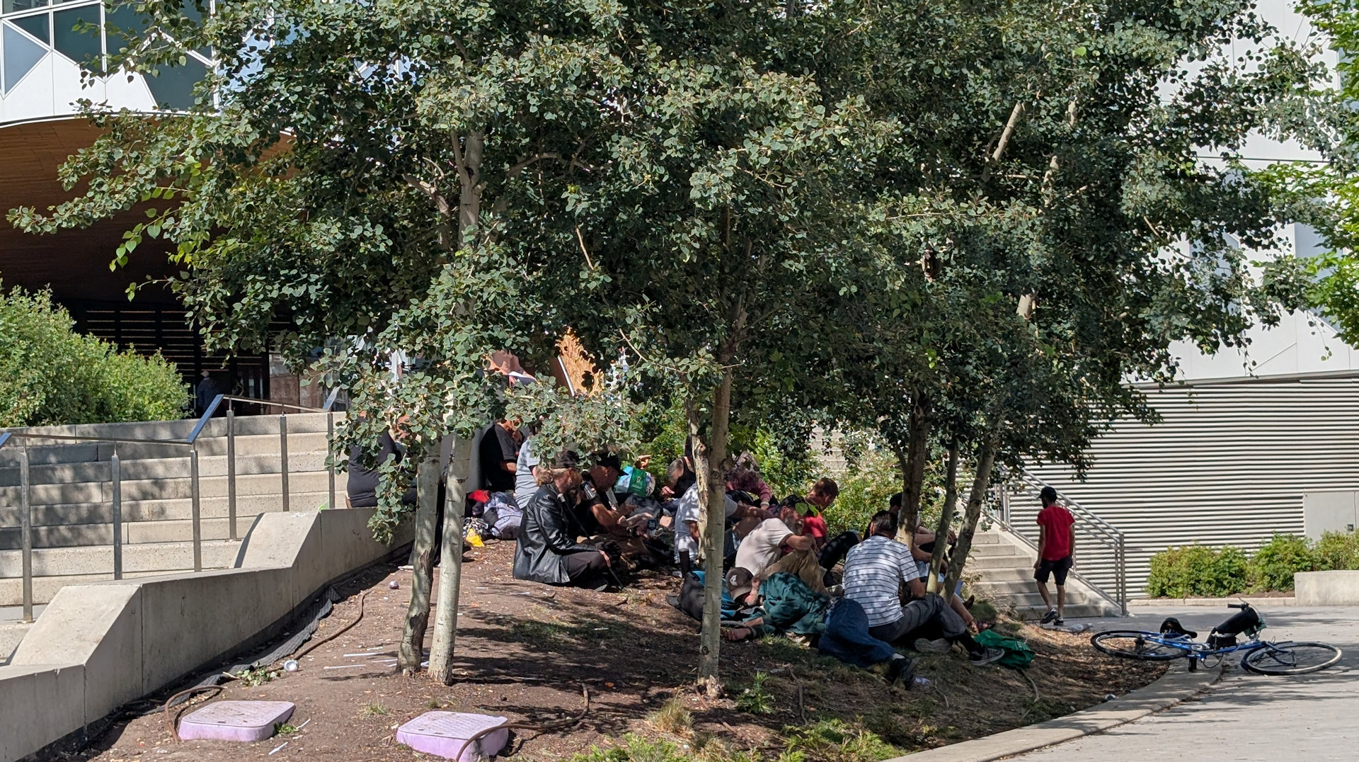Gruppe Obdachlose sitzt im Schatten einiger Bäume