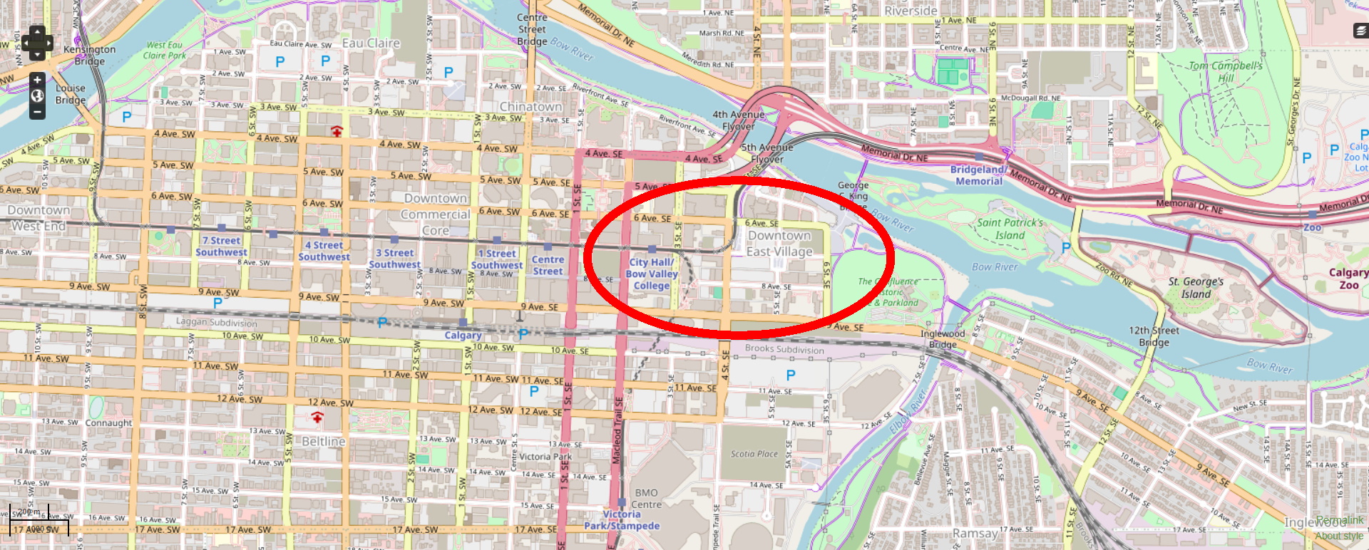 Karte No Go Area Calgary: Downtown, östlich Public Library 