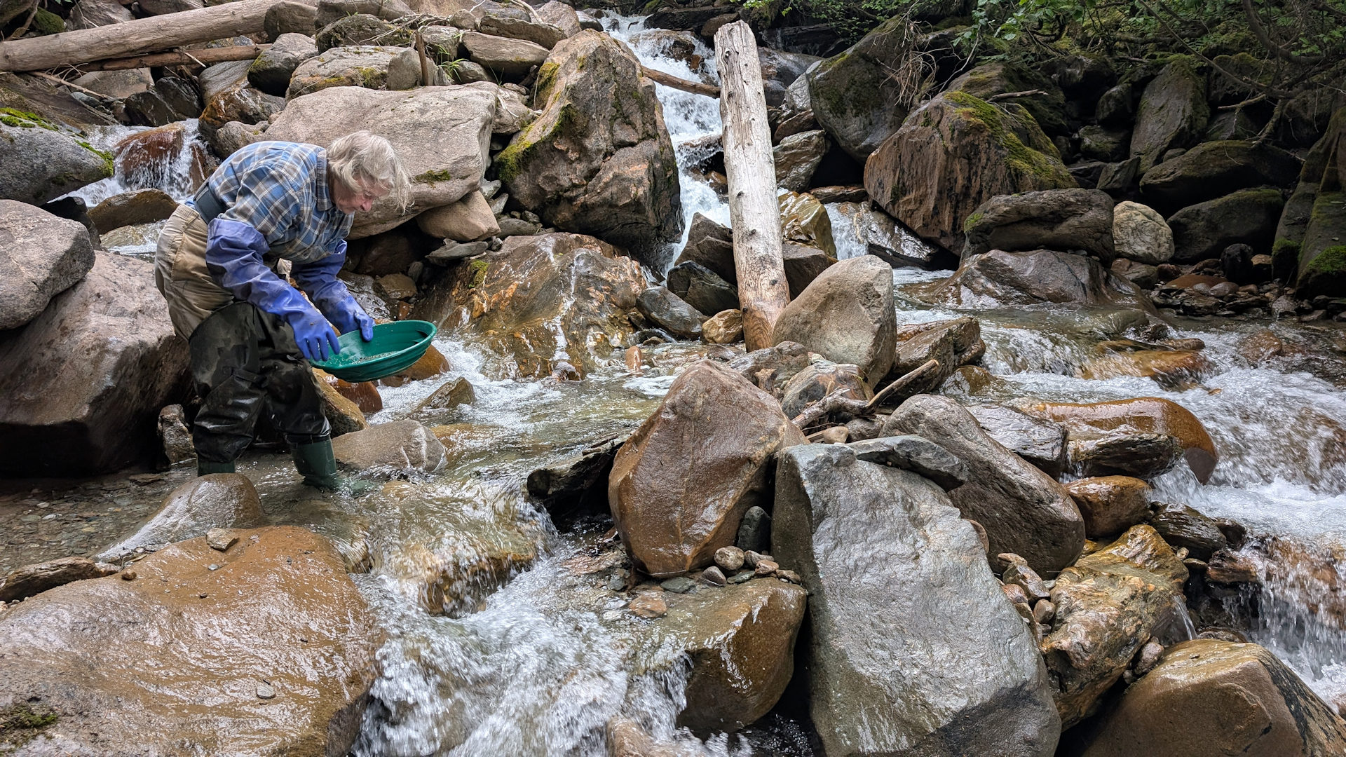 Goldwäscherin mit grüner Goldwaschpfanne in einem Gebirgsbach