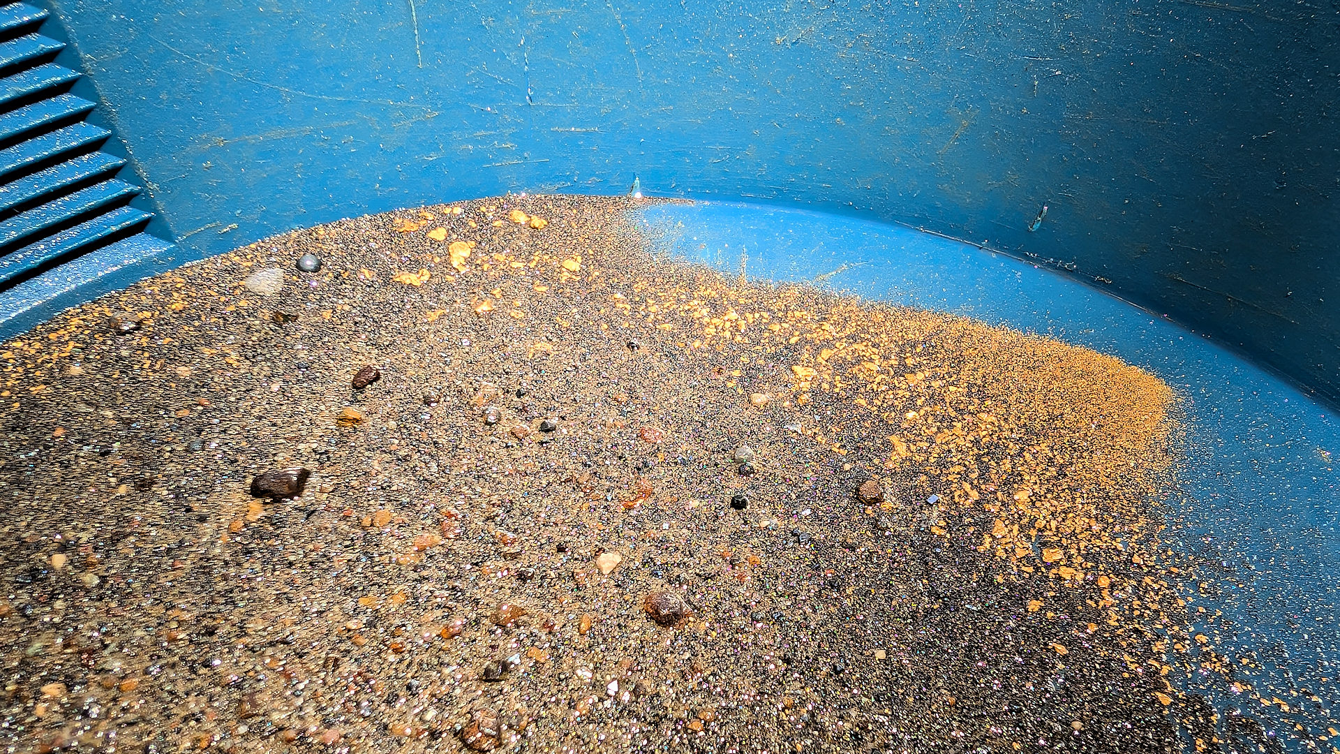 Goldwaschpfanne deren Boden mit sehr viel Goldnuggets und Goldstaub bedeckt ist