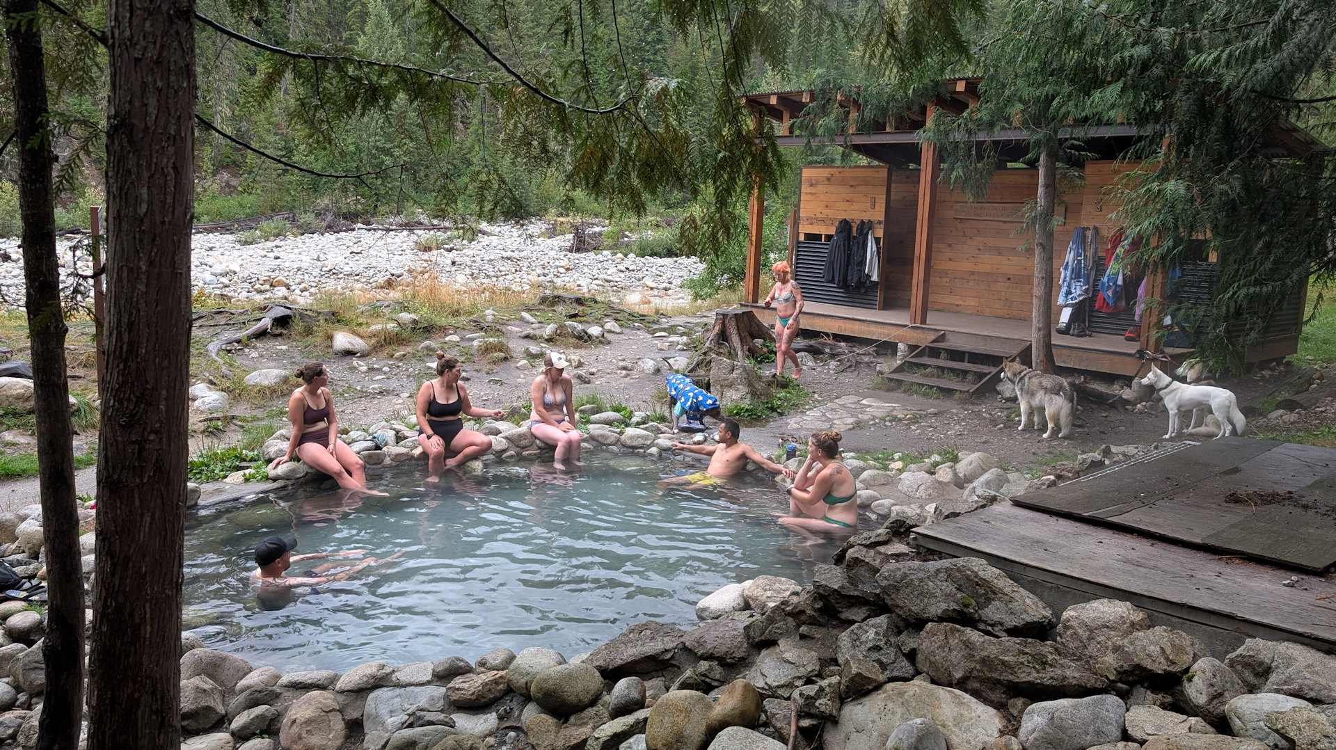 In Stein eingefasster Pool der Half Way Hot Springs mit 7 Besuchern und mehreren Hunden 