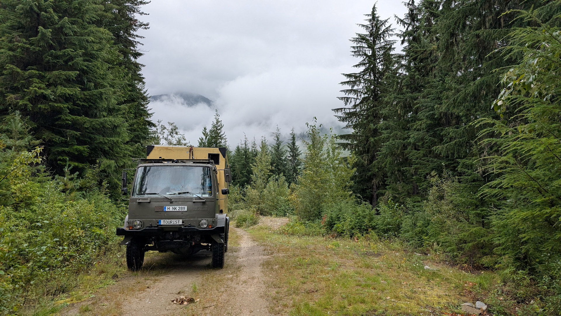 DAF T244 LKW auf einer Bergpiste zwischen grünen Bäumen auf dem Weg zu einer Quelle