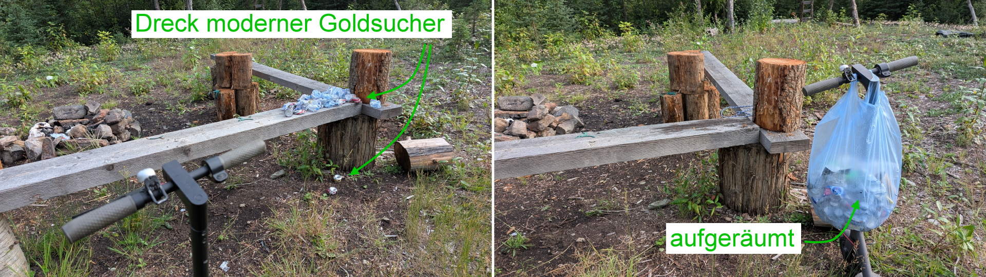 Zwei Bilder von Plastikmüll der aufgeräumt und in eine Tüte verpackt wird