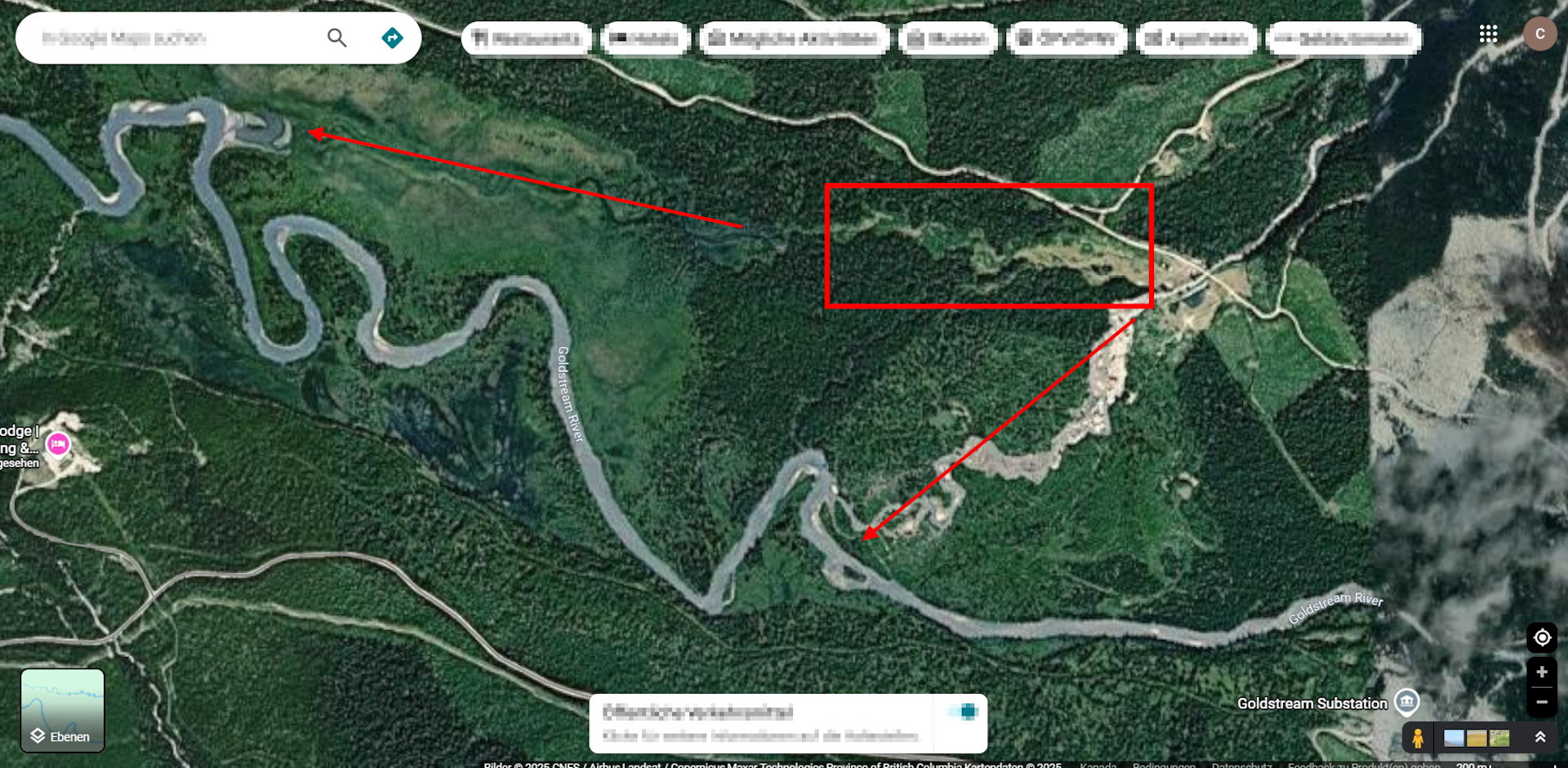 Satelliten Bild vom French Creek mit rot markierten Ergänzungen