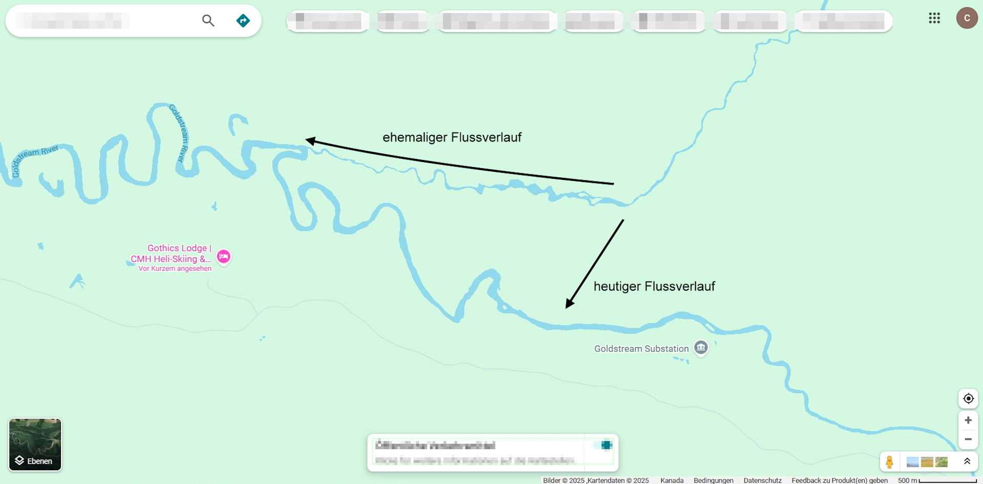 Moderne Karte mit dem Flussverlauf vom French Creek und eingezeichneten Erklärungen
