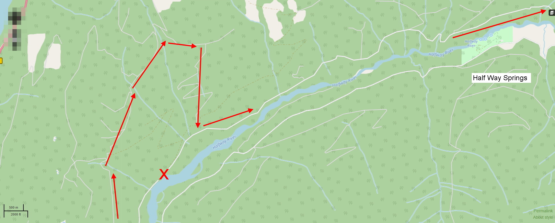 Karte mit markiertem Wanderweg zu den Half Way Hot Springs mit Campingplatz