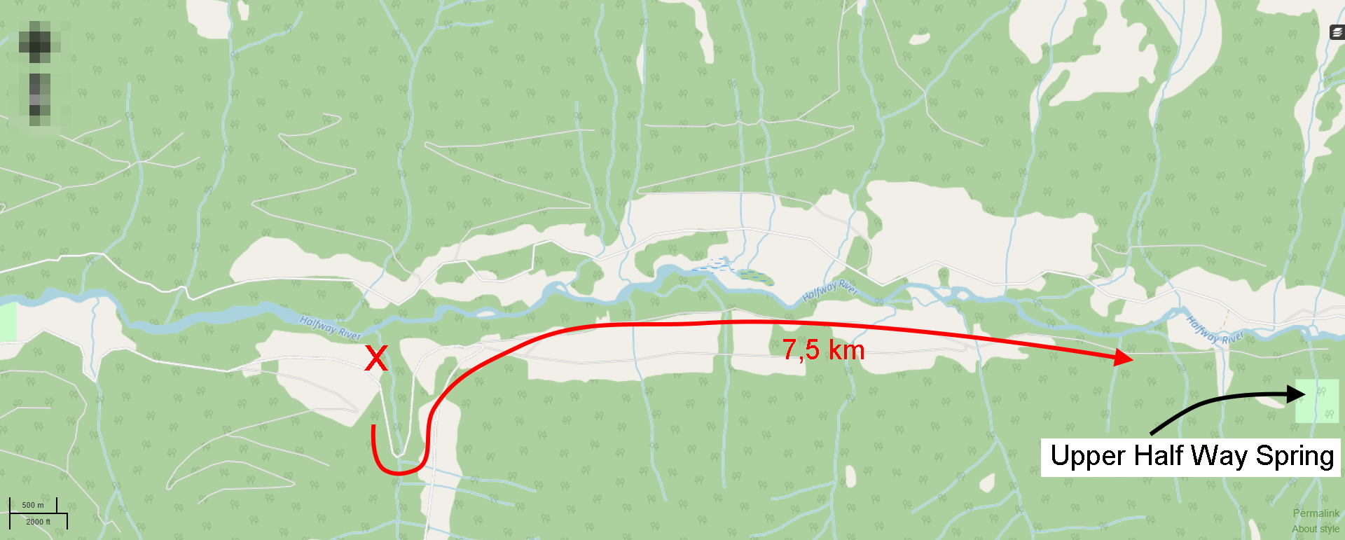 Karte mit markiertem Wanderweg zur Upper Half Way Hot Spring