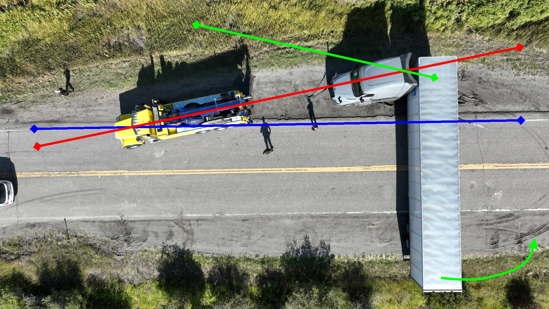 Drohnen Bild einer Havarie mit eingezeichneten Winkeln der Fahrzeuge zueinander 