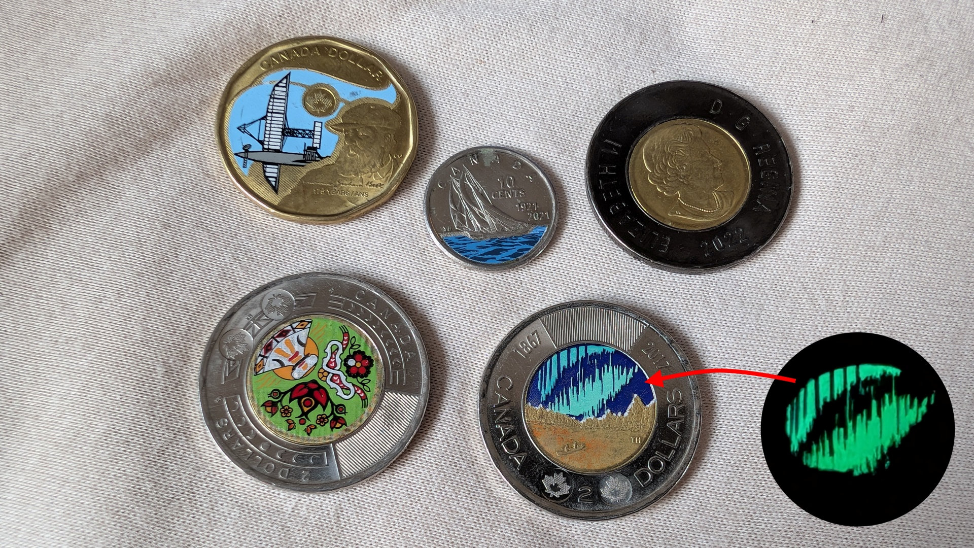 Fünf kanadische farbige Umlauf Münzen 