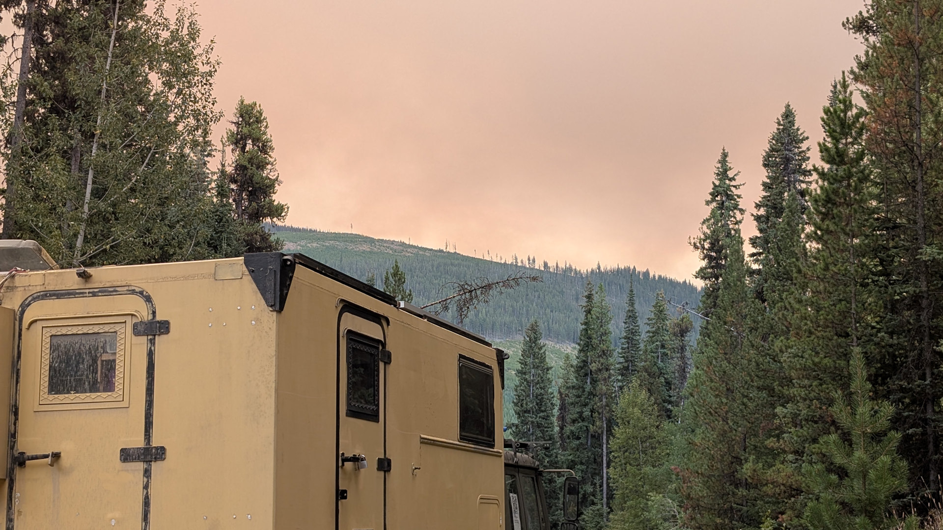 Vom Rauch eines Waldbrandes rot eingefärbter Himmel 