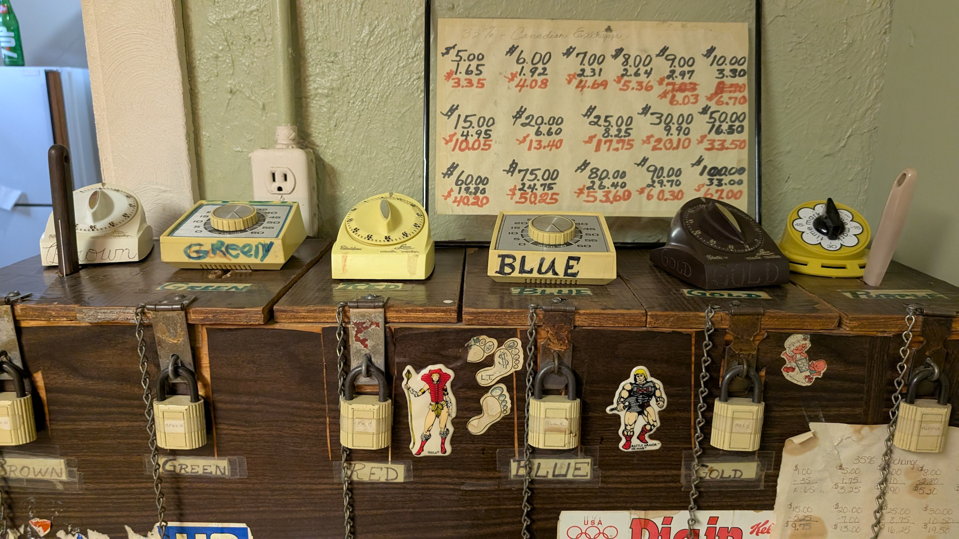 Abgeschlossene Geldkassetten im Bordello Museum Wallace Idaho mit Eieruhren und einer Umrechnungstabelle zwischen kanadischen und US Dollar