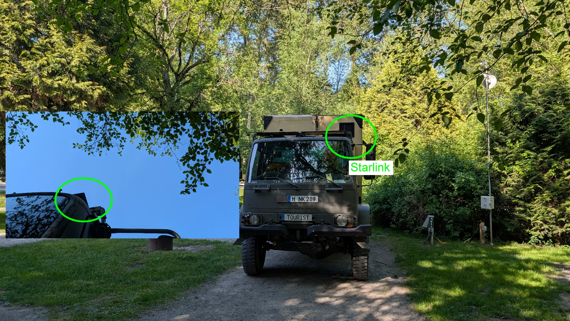 Starlink Mini auf einem LKW der im Gebüsch zwischen vielen Bäumen steht. 