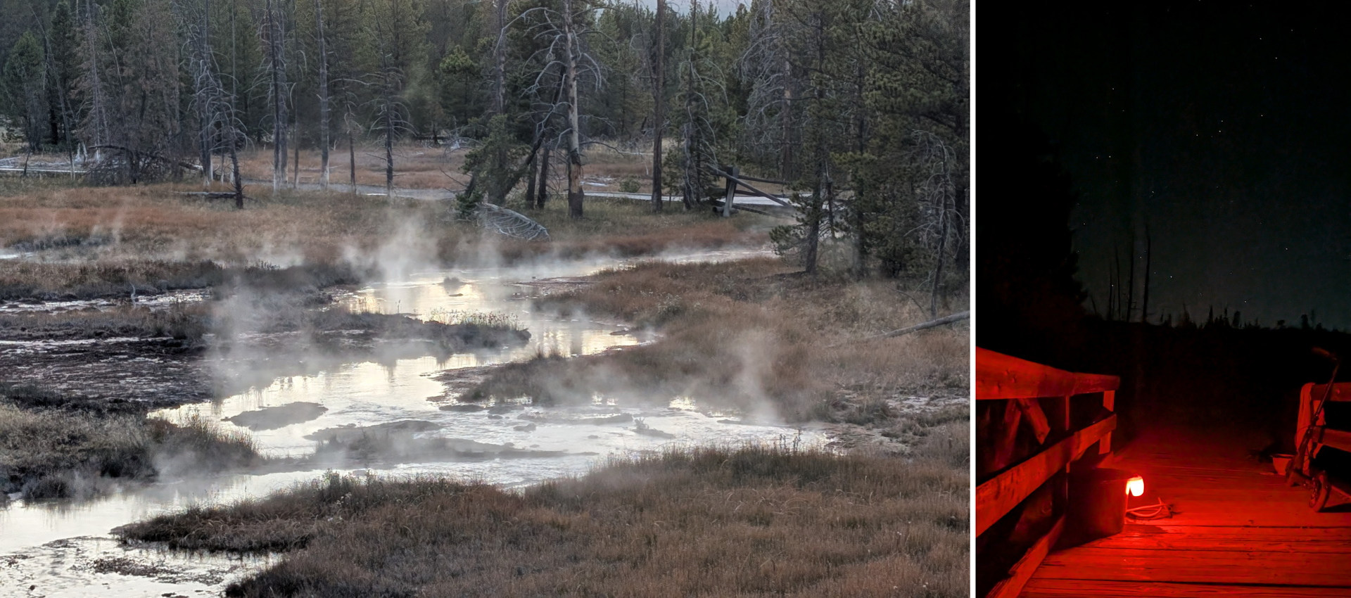 Collage aus eine Bild mit dampfenden Fluss und nächtlicher Dusche bei Sternenlicht