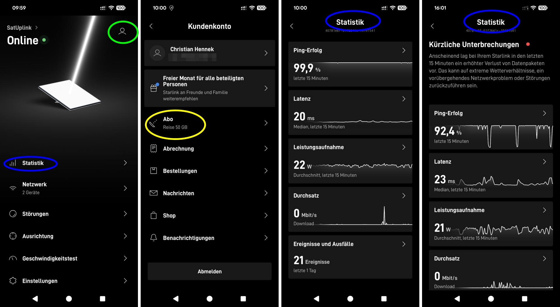 Screenshot der Starlink Android App  mit Markierungen wichtiger Features 