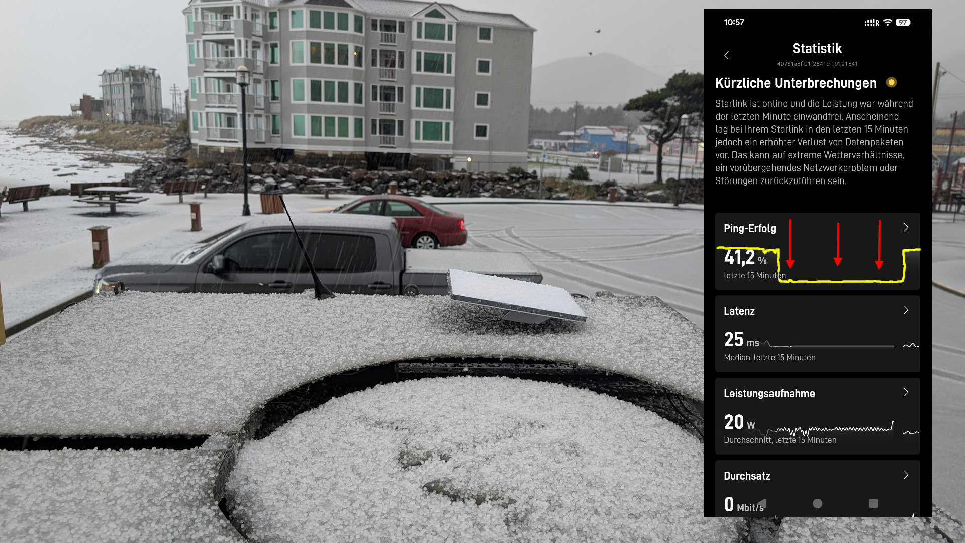 Starlink Mini Einsatz bei starkem Schneefall mit eingeblendeter Statistik der Starlink App 