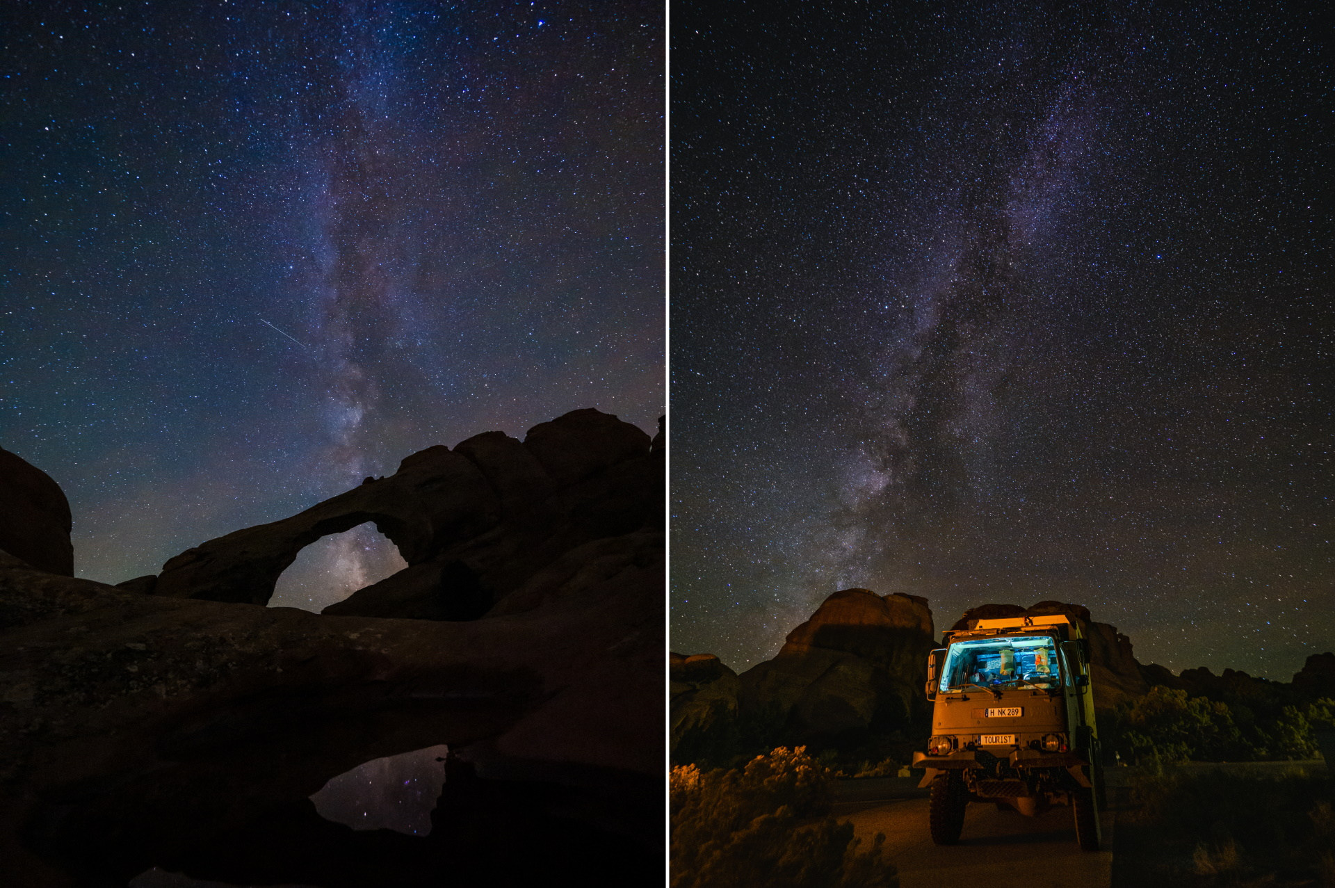 Nachtbild der Milchstrasse durch einen Steinbogen hindurch fotografiert 