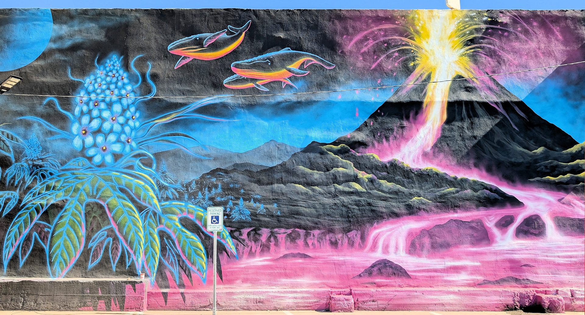 Graffiti mit Walen die über einem Vulkan schweben der pinke Lava ausstösst