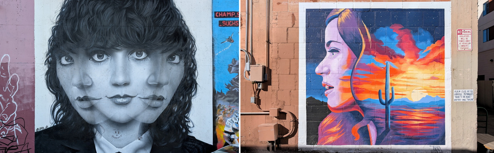 Collage aus zwei Wandbildern mit verfremdeten Frauenkopf