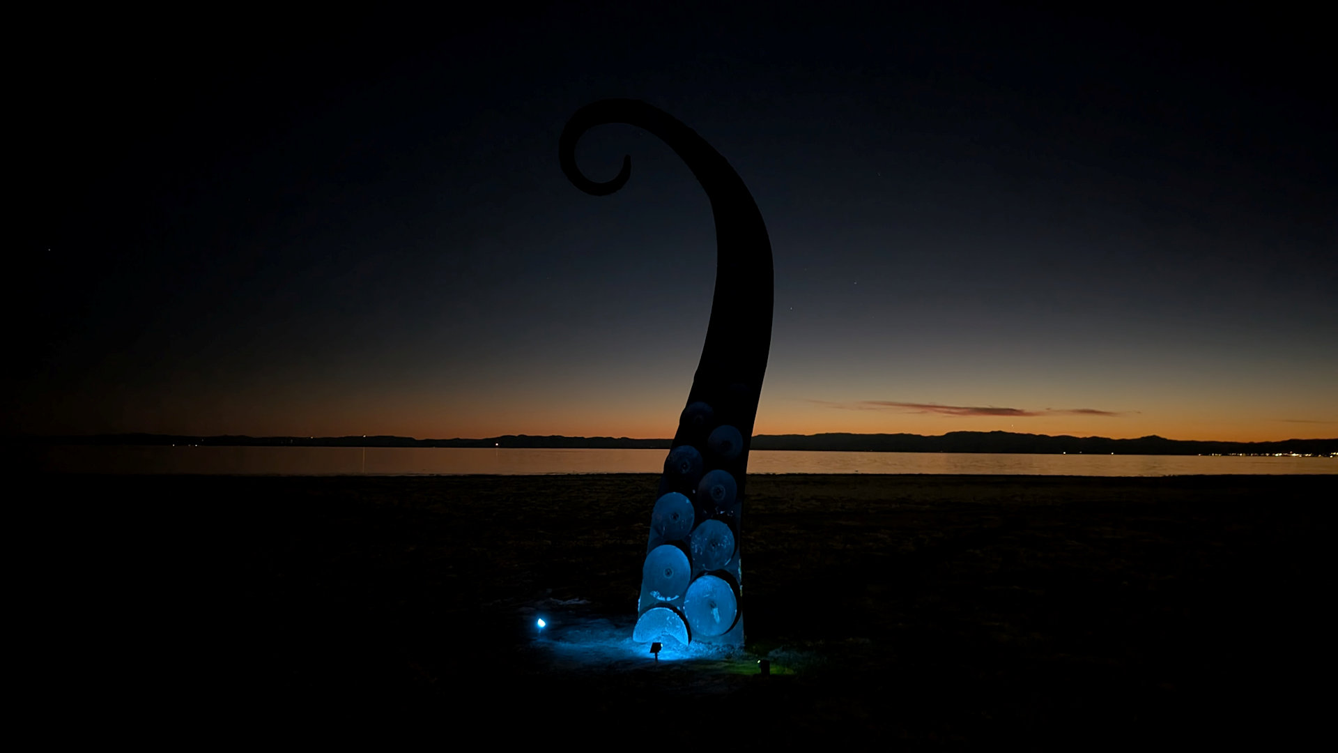 Tentakel als blau beleuchtetes Kunstwerk am Strand von Bombay Beach 