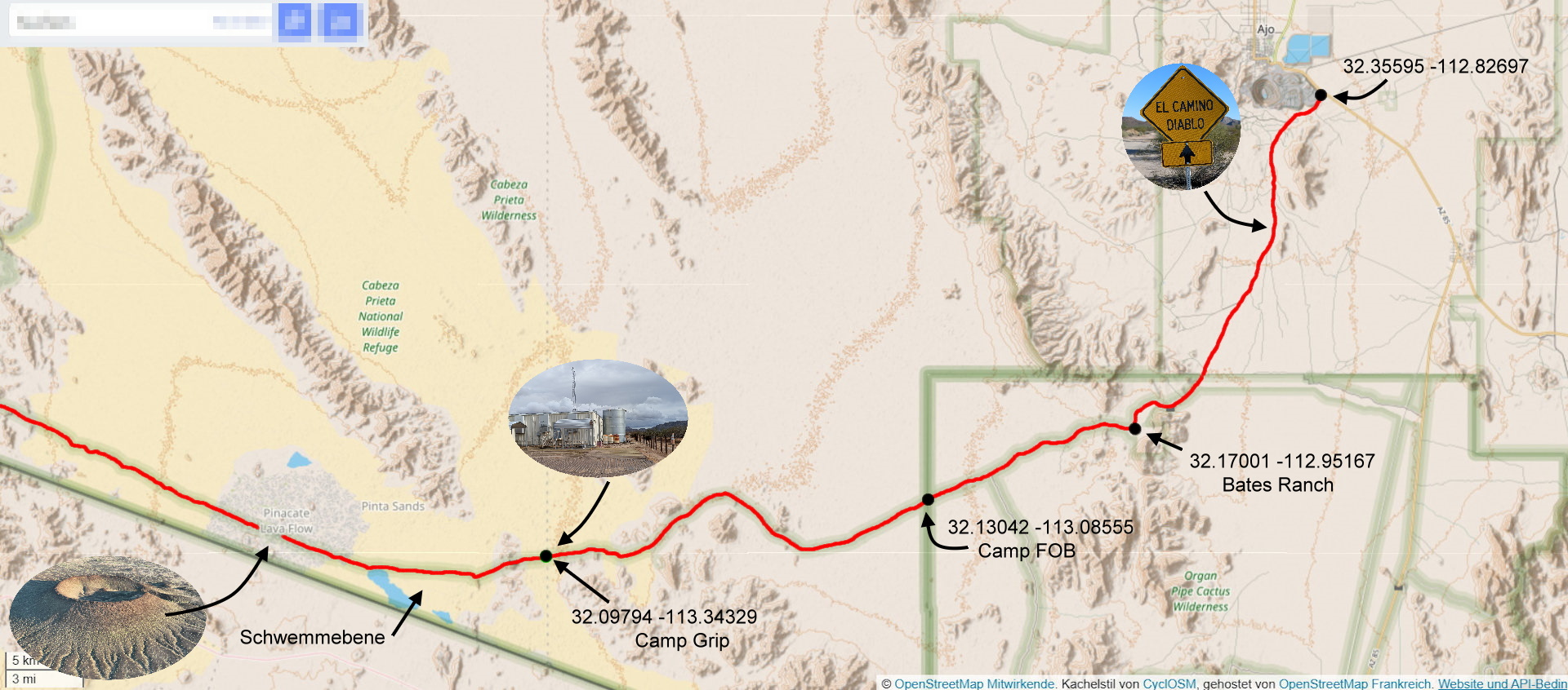 Karte vom Devils Highway mit Ergänzungen wie Koordinaten und Bildern 