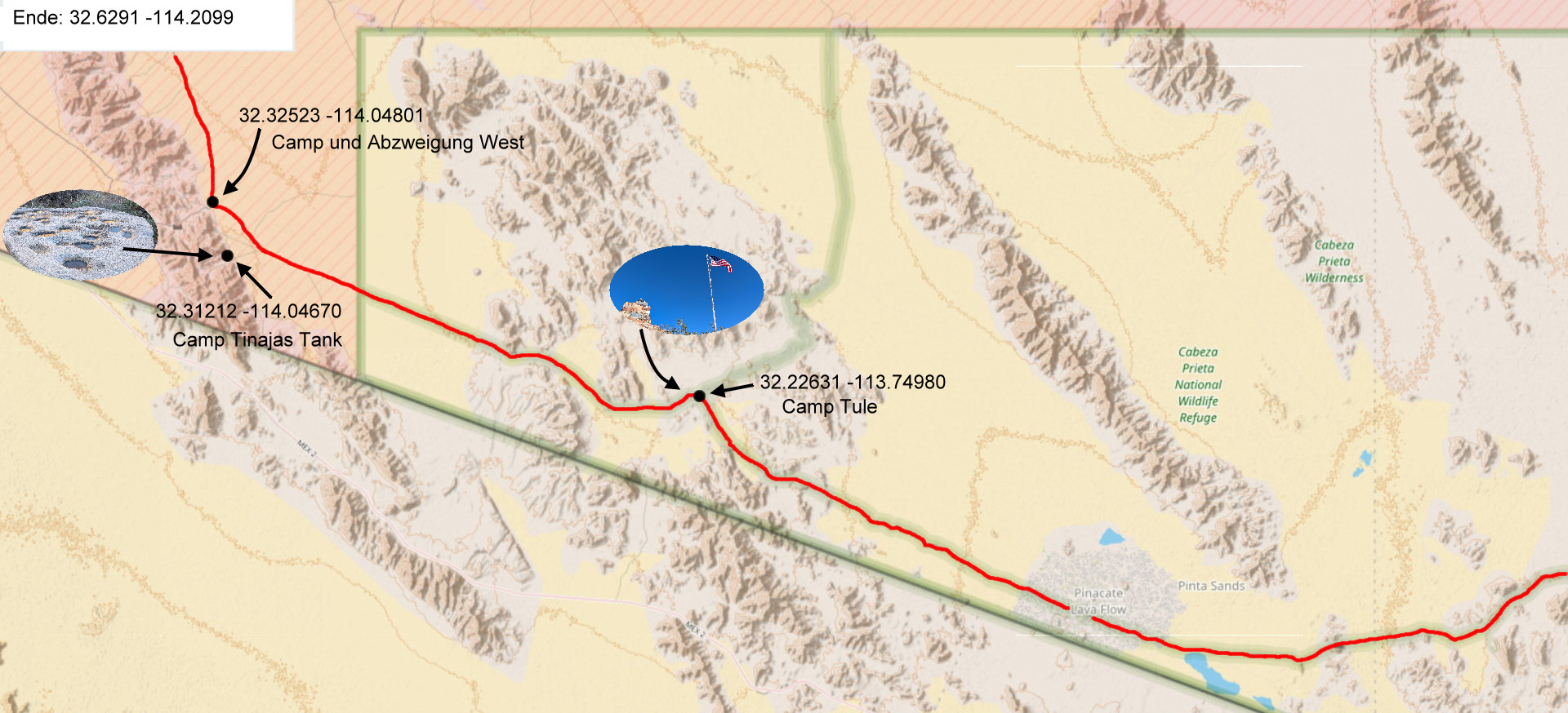 Karte vom Devils Highway mit Ergänzungen wie Koordinaten und Bildern 