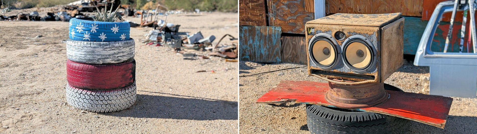 Bunt bemalter Reifenstapel und eine Ritter Rost Figur in Slab City Kalifornien